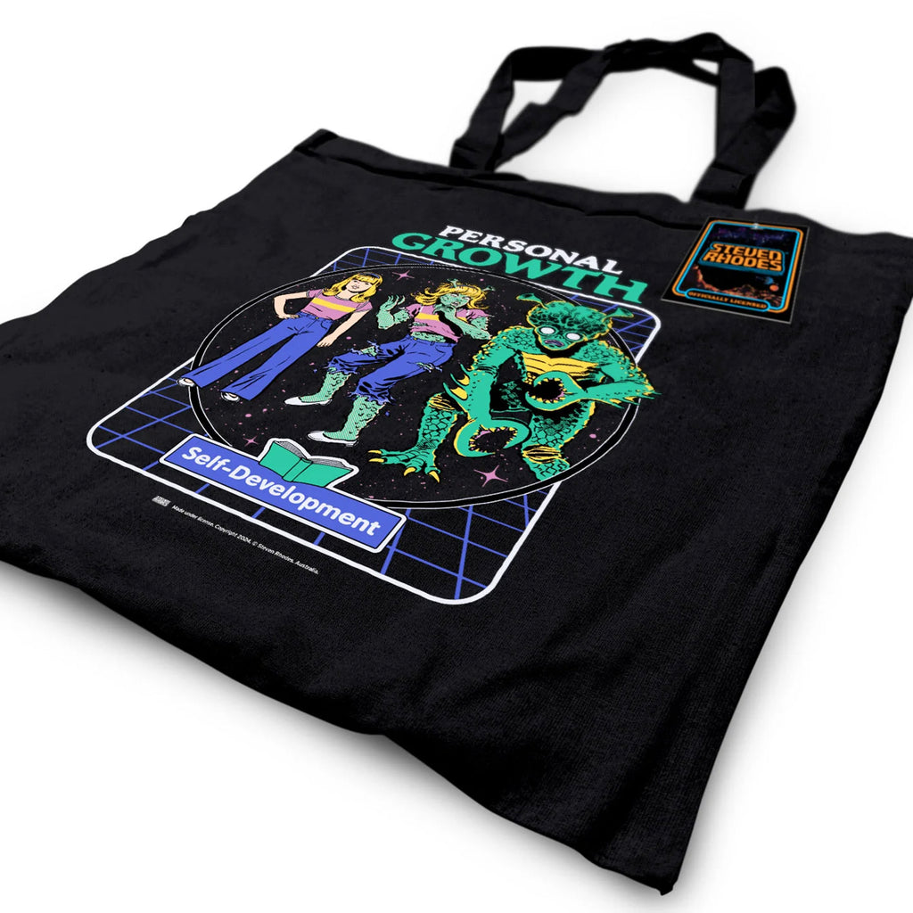 A black tote bag featuring Steven Rhodes’ “Personal Growth” design, showcasing a retro-inspired self-development illustration with vibrant neon colours and a humorous theme. The tote includes long handles for easy carrying and is labelled as officially licensed merchandise. Perfect for shopping, work, or travel.