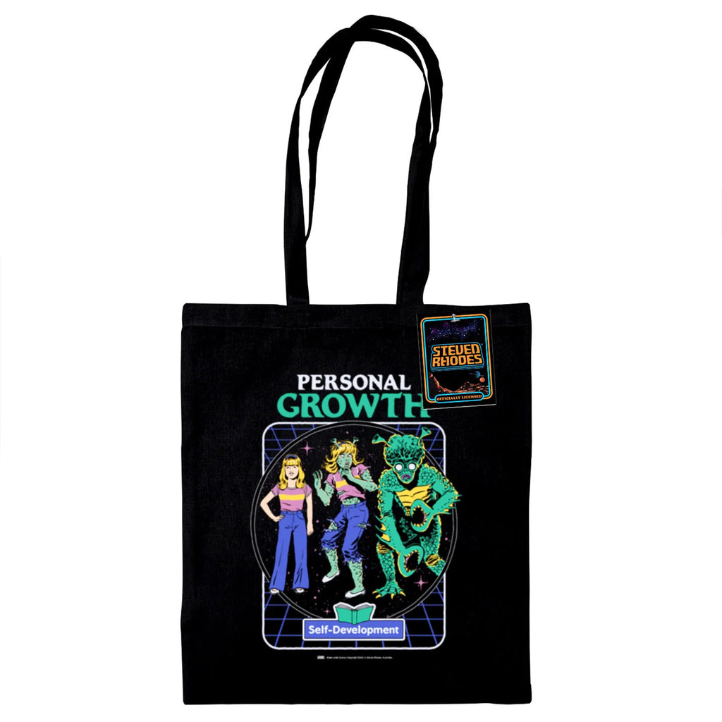 A black tote bag featuring Steven Rhodes’ “Personal Growth” design, showcasing a retro-inspired self-development illustration with vibrant neon colours and a humorous theme. The tote includes long handles for easy carrying and is labelled as officially licensed merchandise. Perfect for shopping, work, or travel.