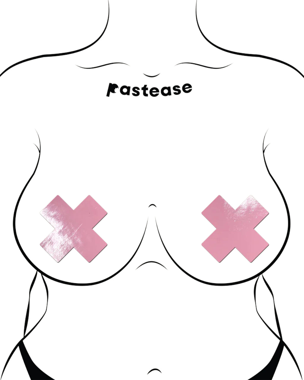 Plus X: Faux Latex Pleather Vinyl Baby Pink Cross Nipple Pasties by Pastease®. Two shiny pastel pink cross shaped nipple covers shown on a femme body outline for size reference on a white background.