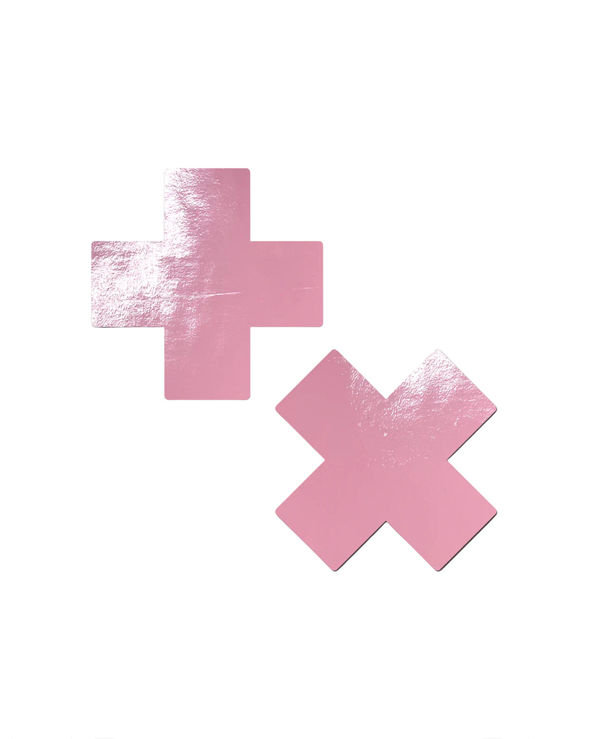Plus X: Faux Latex Pleather Vinyl Baby Pink Cross Nipple Pasties by Pastease®. Two shiny pastel pink cross shaped nipple covers shown on a white background. Perfect for festivals, pride, burlesque, raves, only fans content or parties.