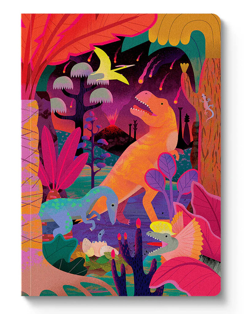 A5 paperback notebook featuring a colourful prehistoric scene with carnivorous dinosaurs like T-Rex and raptors, surrounded by jungle plants and erupting volcanoes. Illustrated by Natasha Durley and stocked by Rebel Romance, this notebook has 176 pages and measures 210 x 148 mm. A bold, creative stationery pick for dinosaur lovers, students, and millennial fans of quirky alternative design.