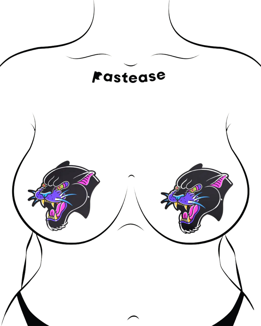 The Black Panther Pasties Roaring Couger Tattoo Diamond Thom™ Nipple Covers by Pastease shown on a femme body outline for size reference on a white background. Two angry roaring panther big cat nipple covers in a traditional old school tattoo style with purple, pink and yellow highlights. Perfect for a festival, burlesque performance, drag shows, pride or parties.