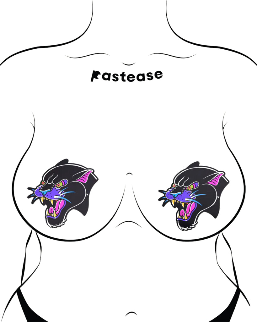 The Black Panther Pasties Roaring Couger Tattoo Diamond Thom™ Nipple Covers by Pastease shown on a femme body outline for size reference on a white background. Two angry roaring panther big cat nipple covers in a traditional old school tattoo style with purple, pink and yellow highlights. Perfect for a festival, burlesque performance, drag shows, pride or parties.
