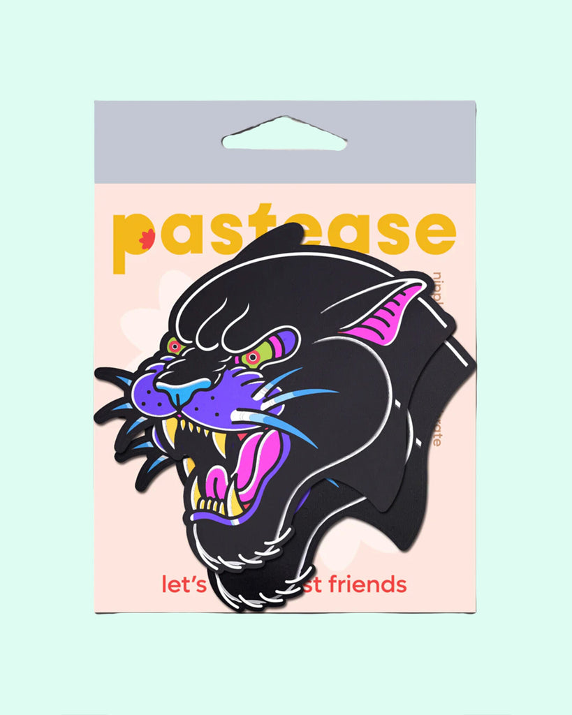 The Black Panther Pasties Roaring Couger Tattoo Diamond Thom™ Nipple Covers by Pastease in a the pastease pastel cellophane packaging on a pastel blue background. Two angry roaring panther big cat nipple covers in a traditional old school tattoo style with purple, pink and yellow highlights. Perfect for a festival, burlesque performance, drag shows, pride or parties.
