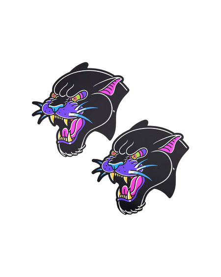 The Black Panther Pasties Roaring Couger Tattoo Diamond Thom™ Nipple Covers by Pastease on a white background. Two angry roaring panther big cat nipple covers in a traditional old school tattoo style with purple, pink and yellow highlights. Perfect for a festival, burlesque performance, drag shows, pride or parties.