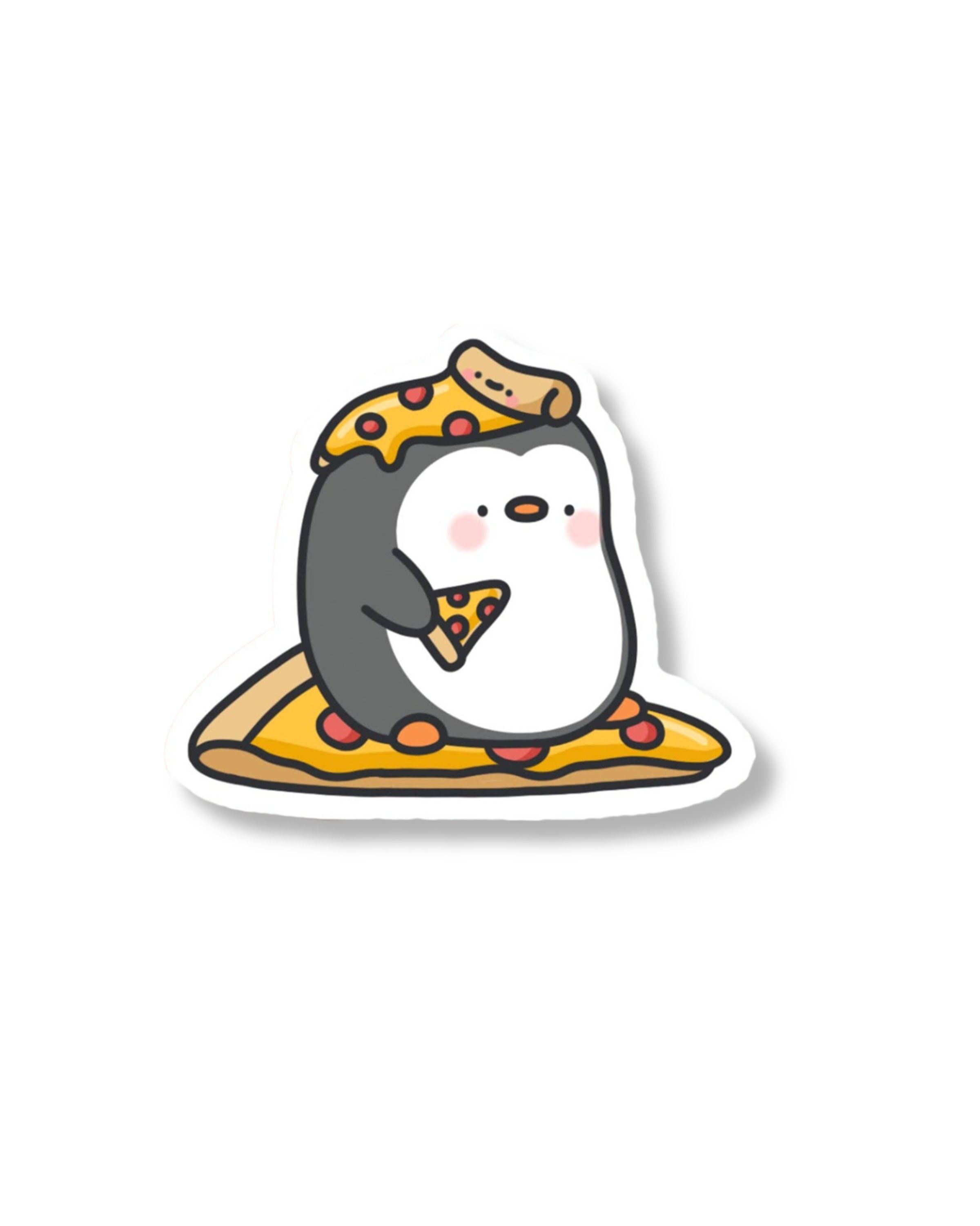 Rebel Romance product photo featuring the Cute Pizza Penguin Vinyl Sticker by Toastedink. Penguin is holding, sitting on, and wearing pepperoni pizza. A glossy, high-quality vinyl sticker perfect for kawaii lovers and foodie vibes.