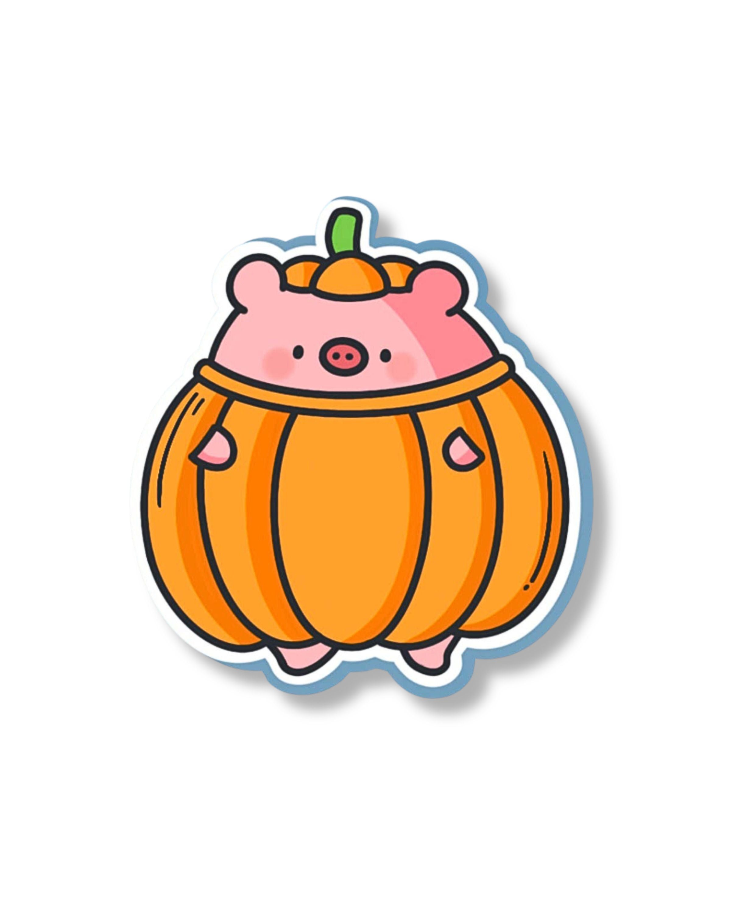 Cartoon vinyl sticker of a pig in a pumpkin costume, created by Toastedink and stocked at Rebel Romance. Placed on a pastel blue surface with yellow florals and playful stationery. Glossy, waterproof, and super cute—great for spicing up your everyday essentials.