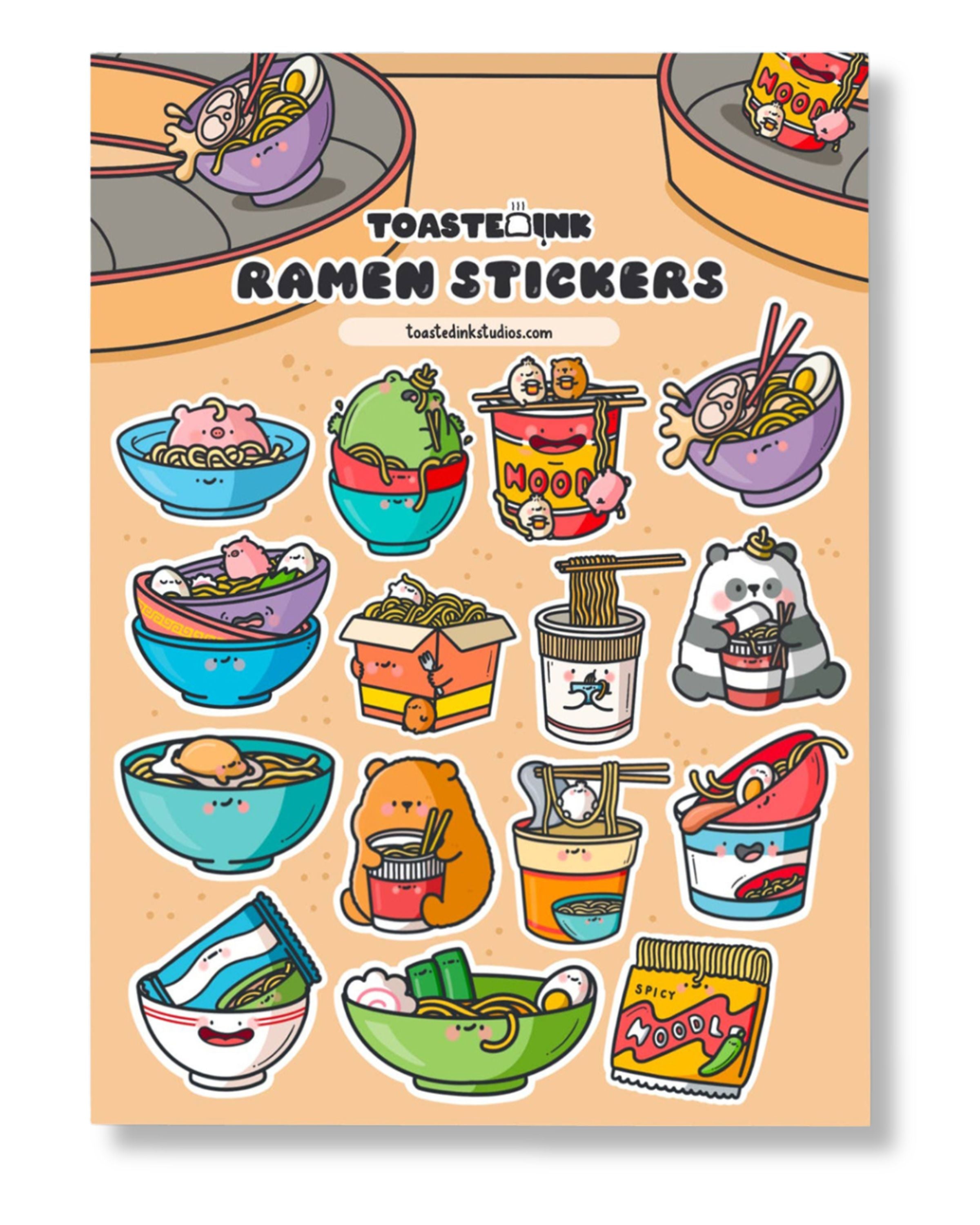 Full view of Toastedink’s Ramen Stickers, showcasing cheerful ramen characters and illustrated noodle packaging. A fun stationery product stocked by Rebel Romance, perfect for millennials.