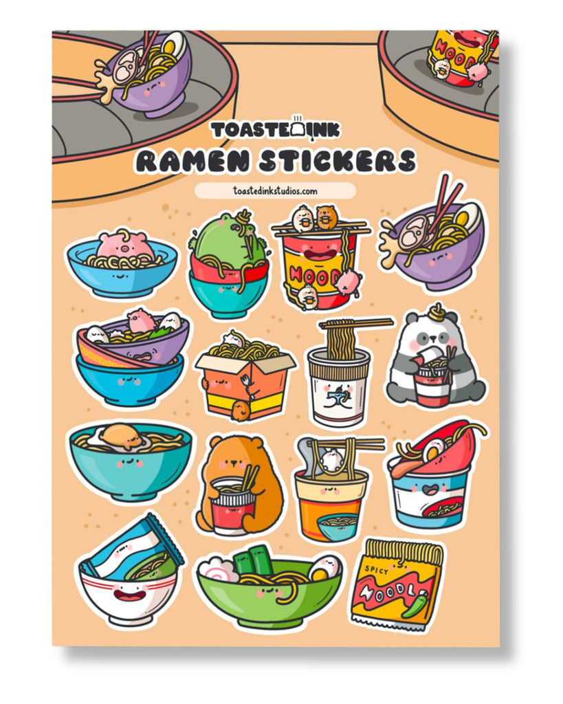 Full view of Toastedink’s Ramen Stickers, showcasing cheerful ramen characters and illustrated noodle packaging. A fun stationery product stocked by Rebel Romance, perfect for millennials.