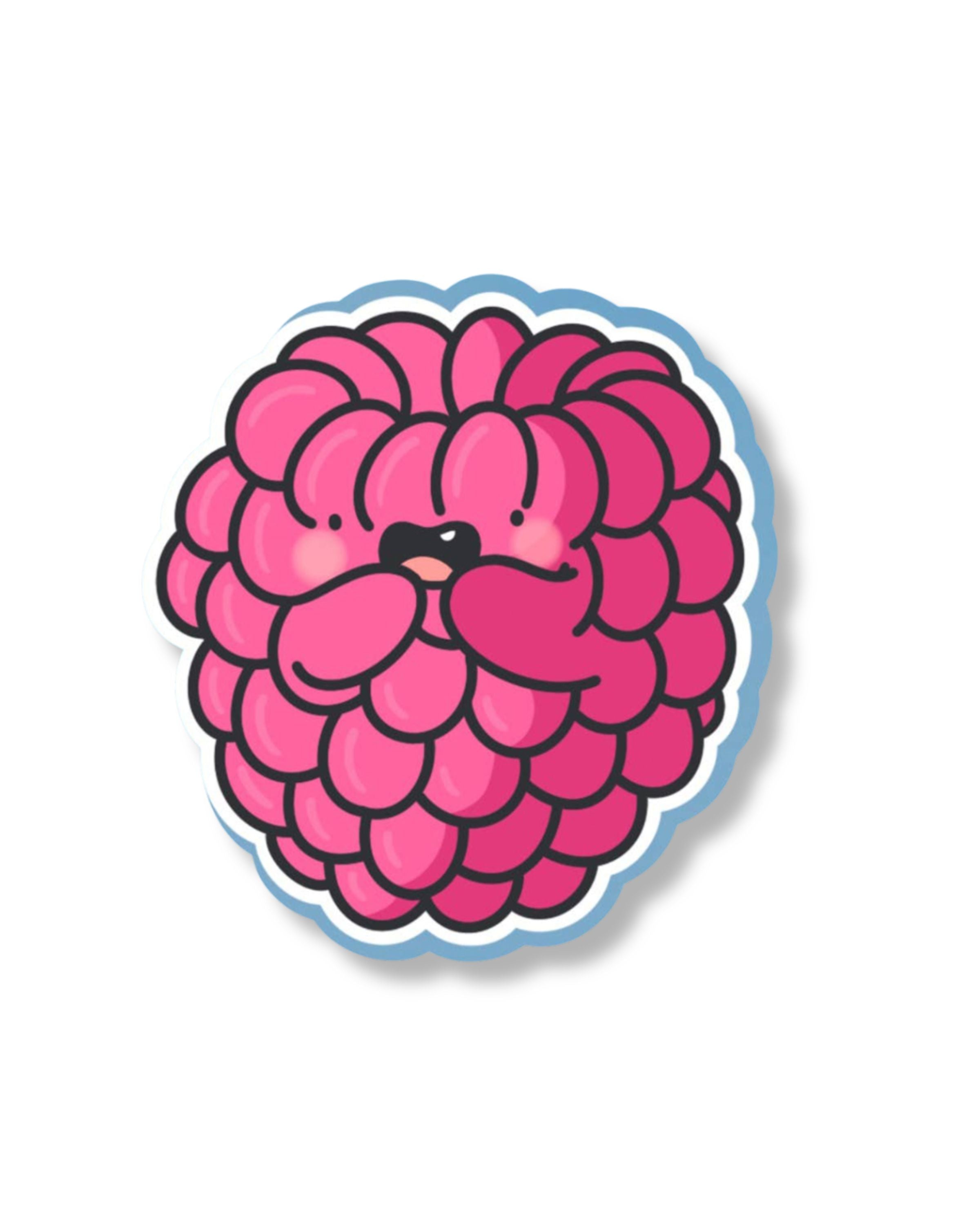 Pink brain-shaped character with a blue outline on a white background