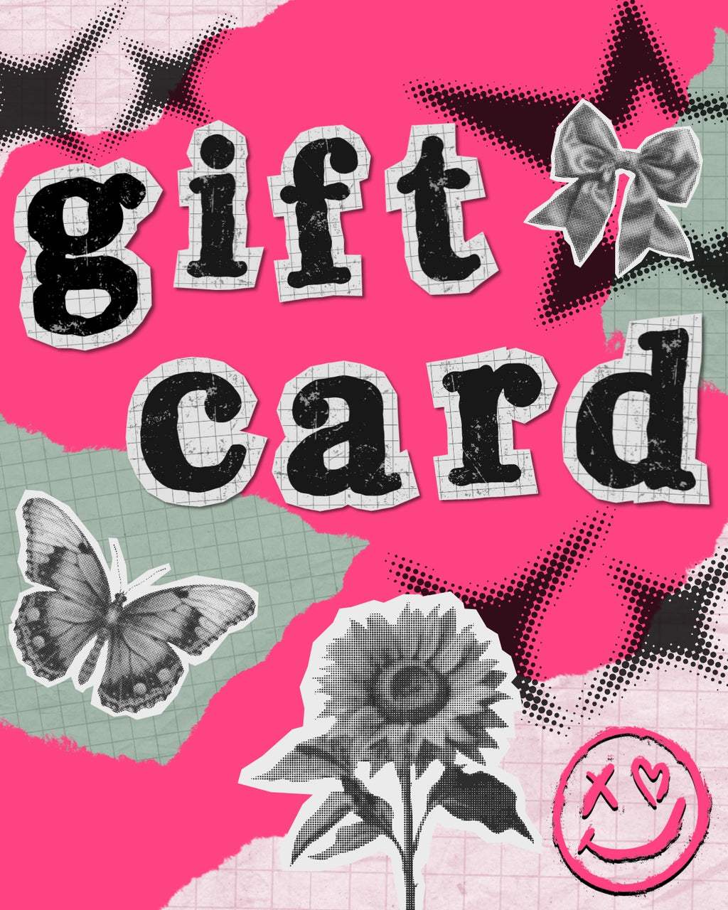 Rebel Romance digital gift card voucher with a bold, retro collage design with y2k grunge aesthetics. The background features bright pink torn paper, green graph paper, and halftone patterns. 'Gift card' is written in black, distressed cut-out letters. Decorated with a sunflower, butterfly, bow, and smiley face with heart and X eyes. Perfect for gifting alternative fashion, accessories, and unique products from this UK small business.