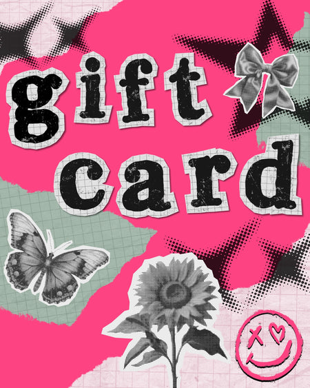 Rebel Romance digital gift card voucher with a bold, retro collage design with y2k grunge aesthetics. The background features bright pink torn paper, green graph paper, and halftone patterns. 'Gift card' is written in black, distressed cut-out letters. Decorated with a sunflower, butterfly, bow, and smiley face with heart and X eyes. Perfect for gifting alternative fashion, accessories, and unique products from this UK small business.