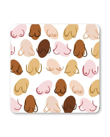 Square coaster with an all-over print of illustrated breasts in various skin tones and shapes on a white background.