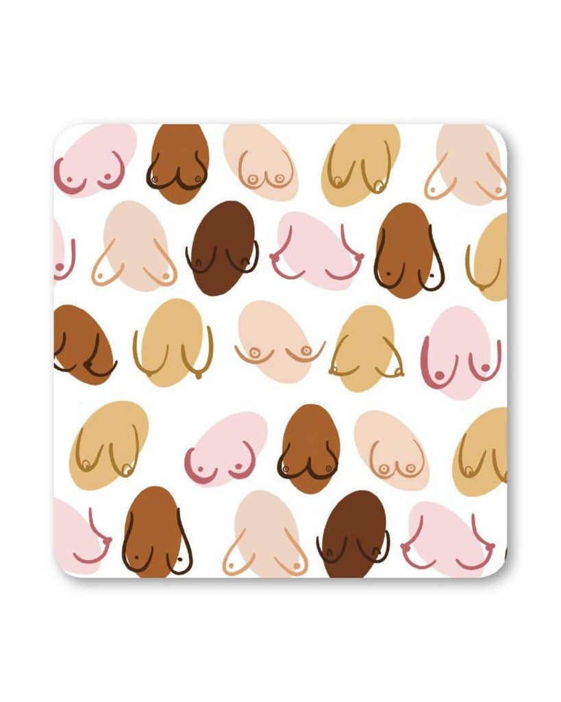 Square coaster with an all-over print of illustrated breasts in various skin tones and shapes on a white background.
