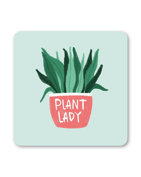 Square pastel green coaster featuring an illustrated green houseplant in a coral pink pot with the words “Plant Lady” in white, bold lettering.
