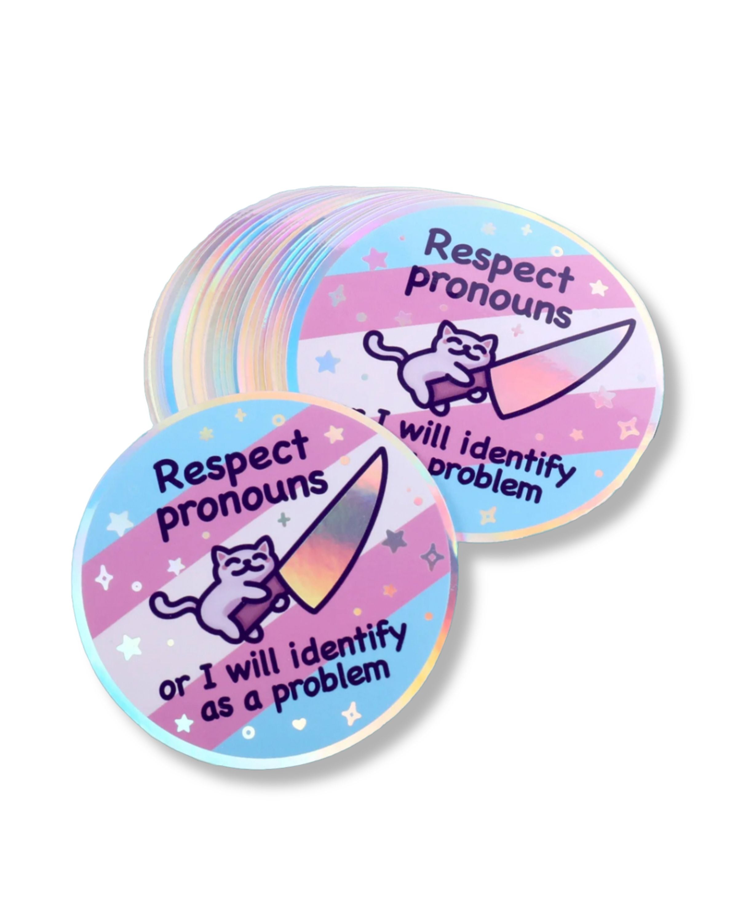 Set of stickers with cat illustrations and text about respecting pronouns on a white background