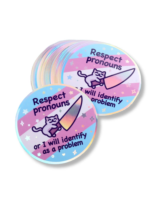 Set of stickers with cat illustrations and text about respecting pronouns on a white background