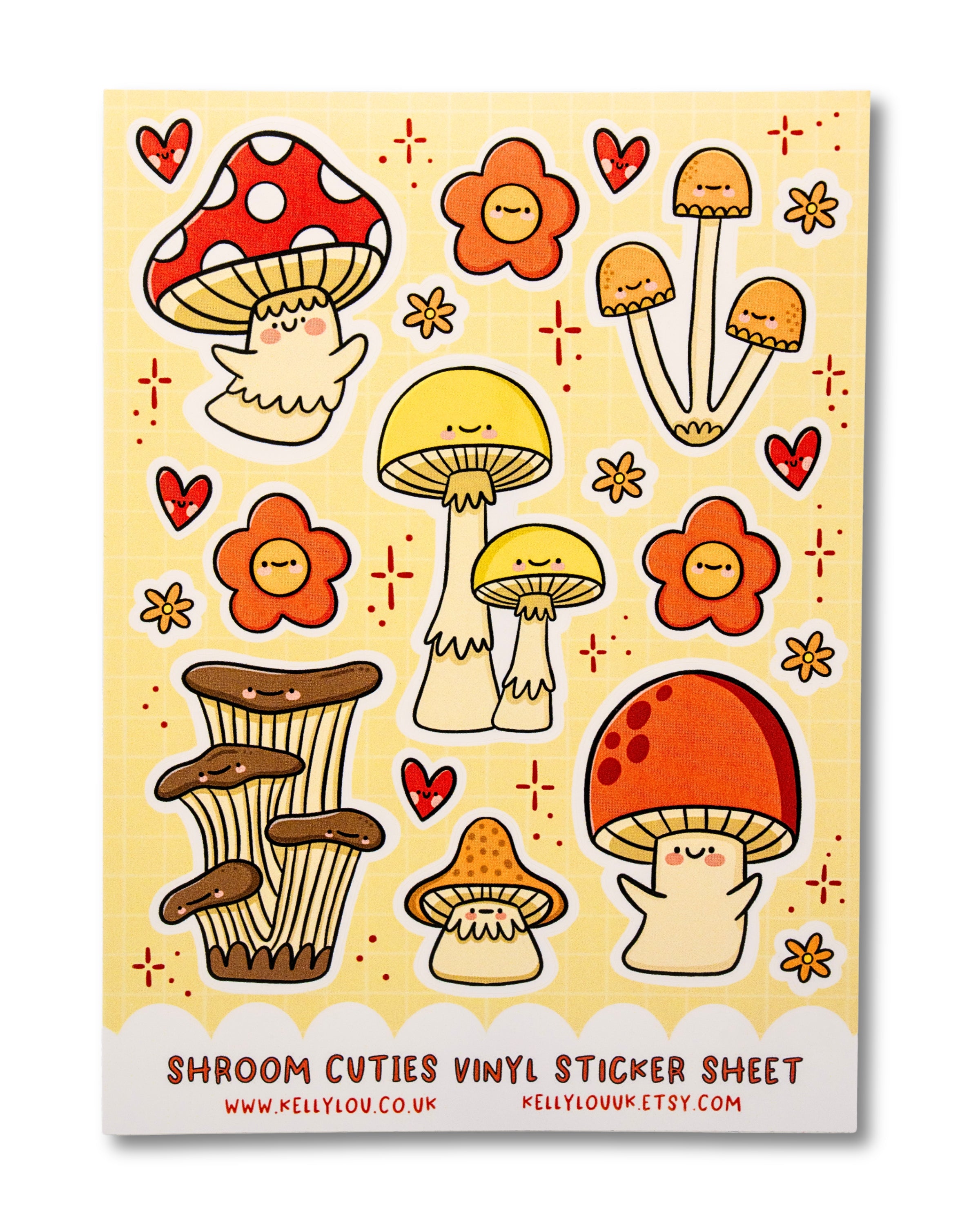 Shroom Cuties vinyl sticker sheet with cartoon mushrooms and flowers on a yellow background
