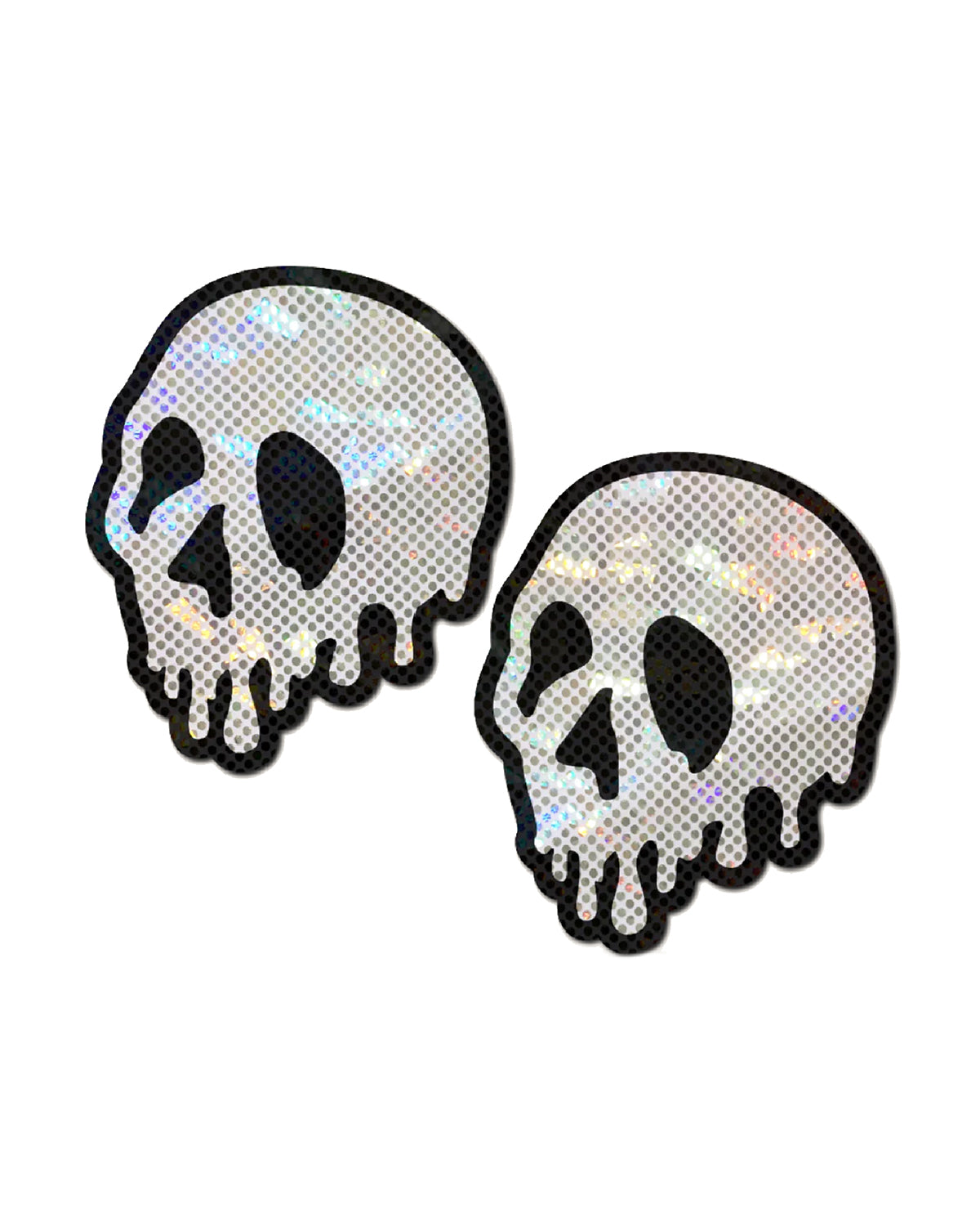 Skull Melt Pasties: Shattered Glass Drip Skull by Pastease® o/s. Two iridescent skull silver black shaped nipple covers on a white background. Perfect for a festival, pride, burlesque performance, only fans content or a party.