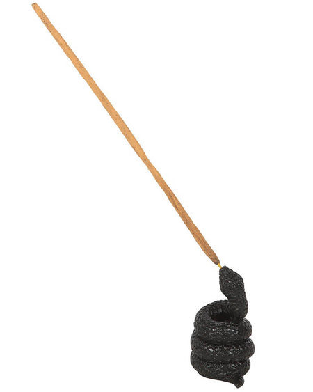 A close-up of the black resin snake incense holder, shaped like a coiled snake with textured scales, holding a single incense stick at the top.