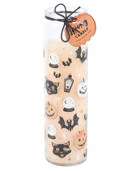 Close-up of the Spooky Spiced Pumpkin Tube Candle with retro black cat and pumpkin design.