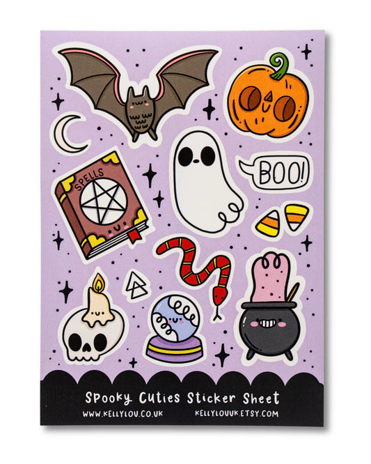 Spooky stickers sheet with a purple background featuring a bat, ghost, pumpkin, and other Halloween-themed illustrations.