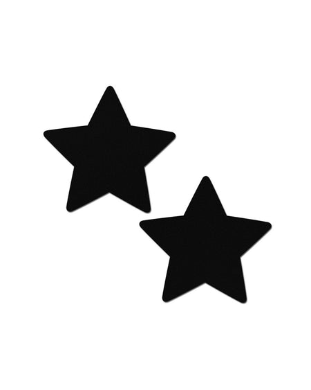 Star: Black Matte Star Nipple Pasties by Pastease®. Two black star shaped nipple covers shown on a white background. Perfect for festivals, pride, burlesque, raves, only fans content or parties.