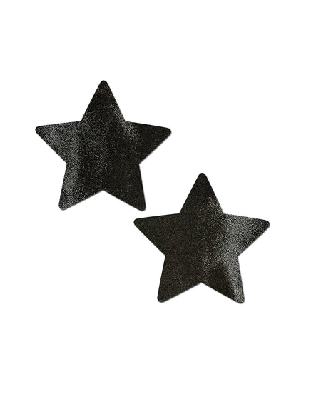 Star: Liquid Black Star Nipple Pasties by Pastease®. Two black shiny star shape nipple covers shown on a white background. Perfect for festivals, pride, burlesque, raves, only fans content or parties.