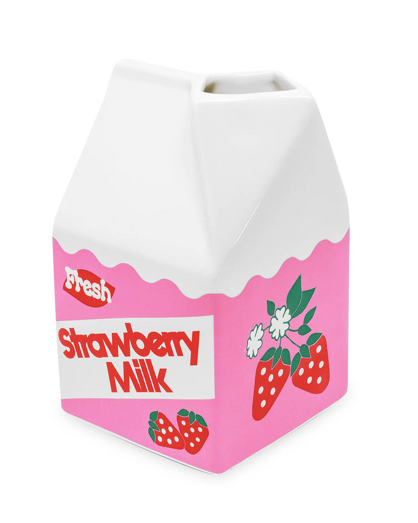 Side view of the Strawberry Milk Vase, showing its unique carton shape with vibrant pink and red detailing.