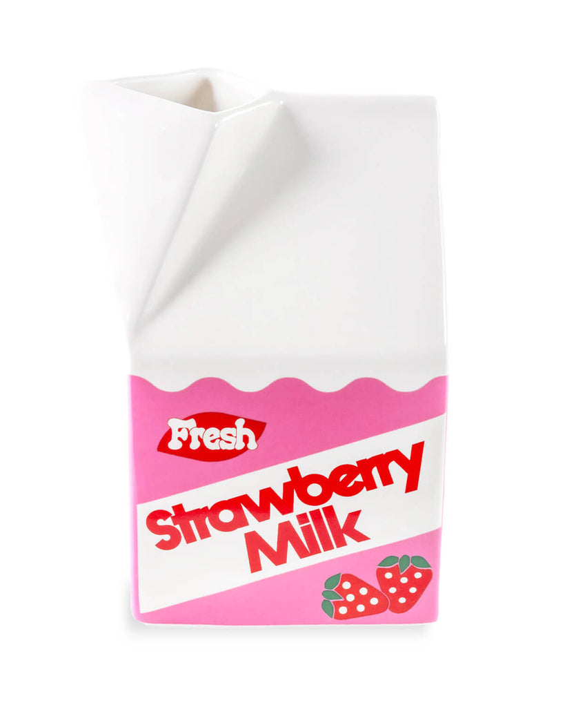 Side view of the Strawberry Milk Vase, showing its unique carton shape with vibrant pink and red detailing.