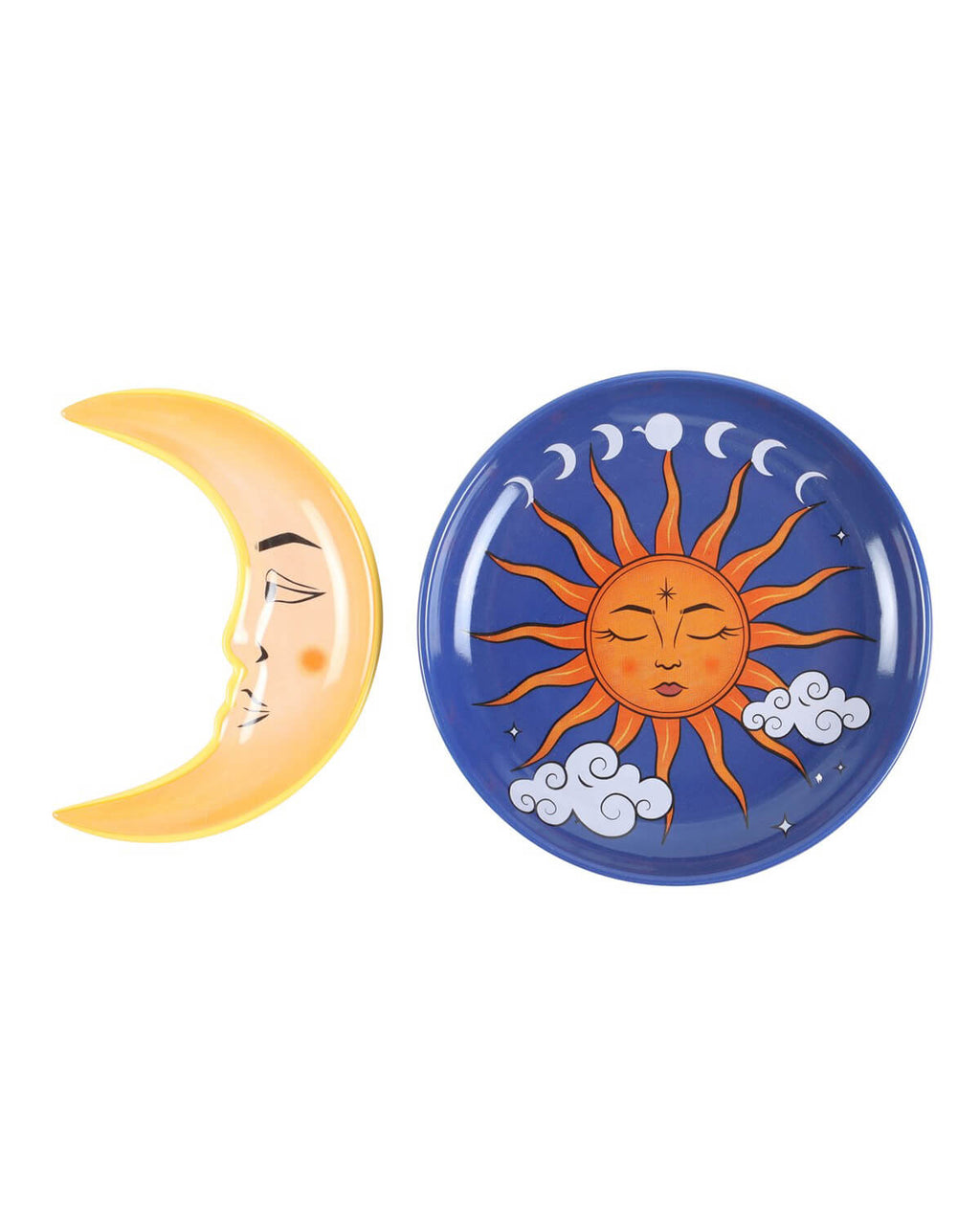 The two dishes side by side: a crescent moon with a peaceful face and a vibrant sun surrounded by clouds and moon phases.