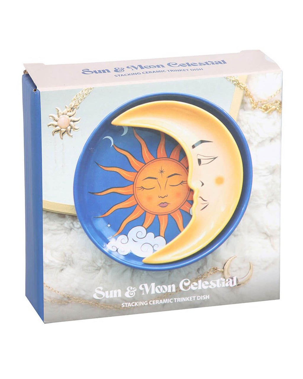 Sun and Moon Celestial Stacking Trinket Dish in its packaging, showing the sun and moon design through a clear window.