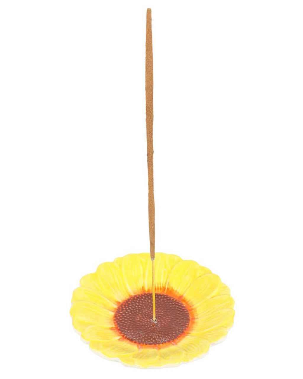 A ceramic sunflower-shaped incense holder with a yellow petal design and textured brown centre, holding a single incense stick on a plain white background.