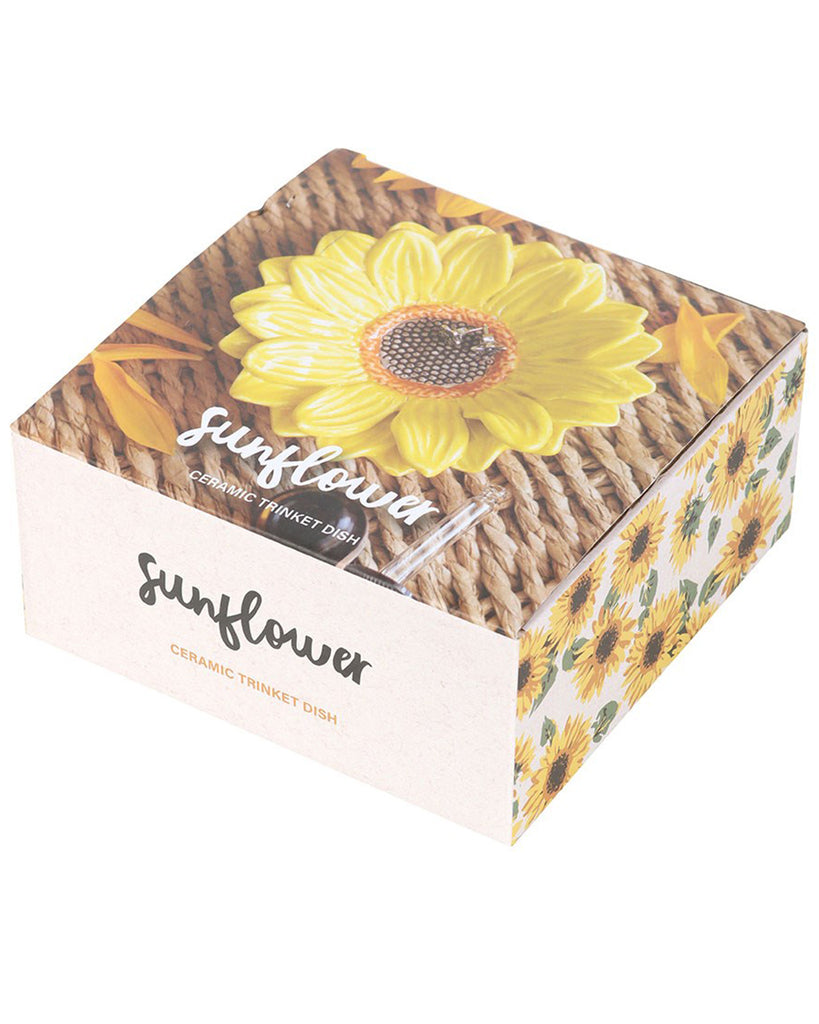 Product packaging featuring the sunflower trinket dish with rustic styling and a sunflower-themed box design.