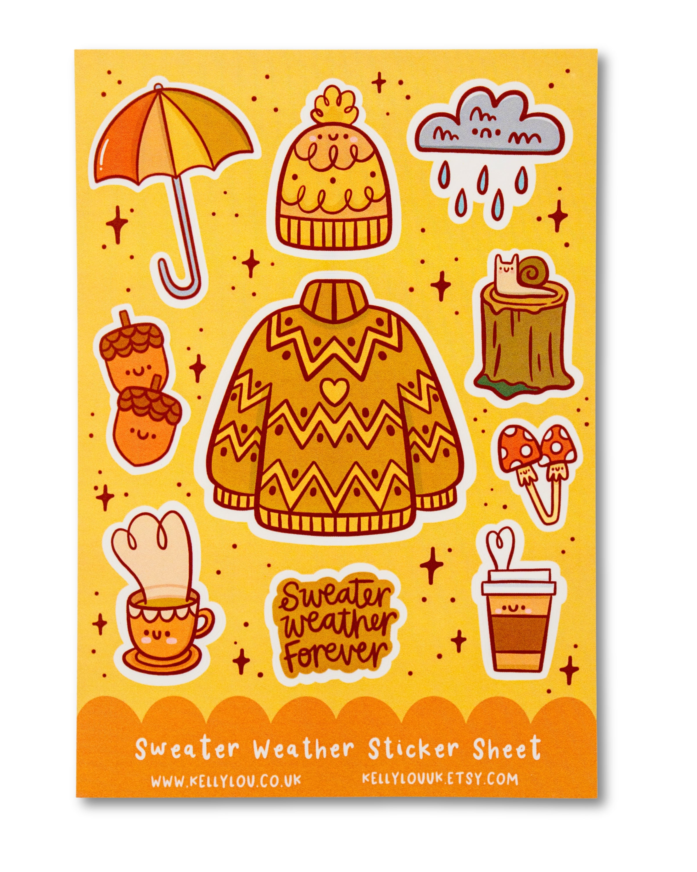 Sticker sheet with autumn-themed illustrations on a yellow background