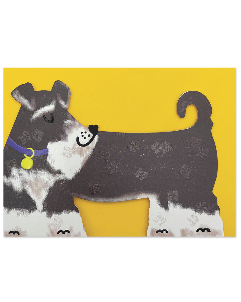 Hand-illustrated schnauzer dog greeting card with purple collar and yellow tag, featuring luxe emboss and spot UV details, by Raspberry Blossom.