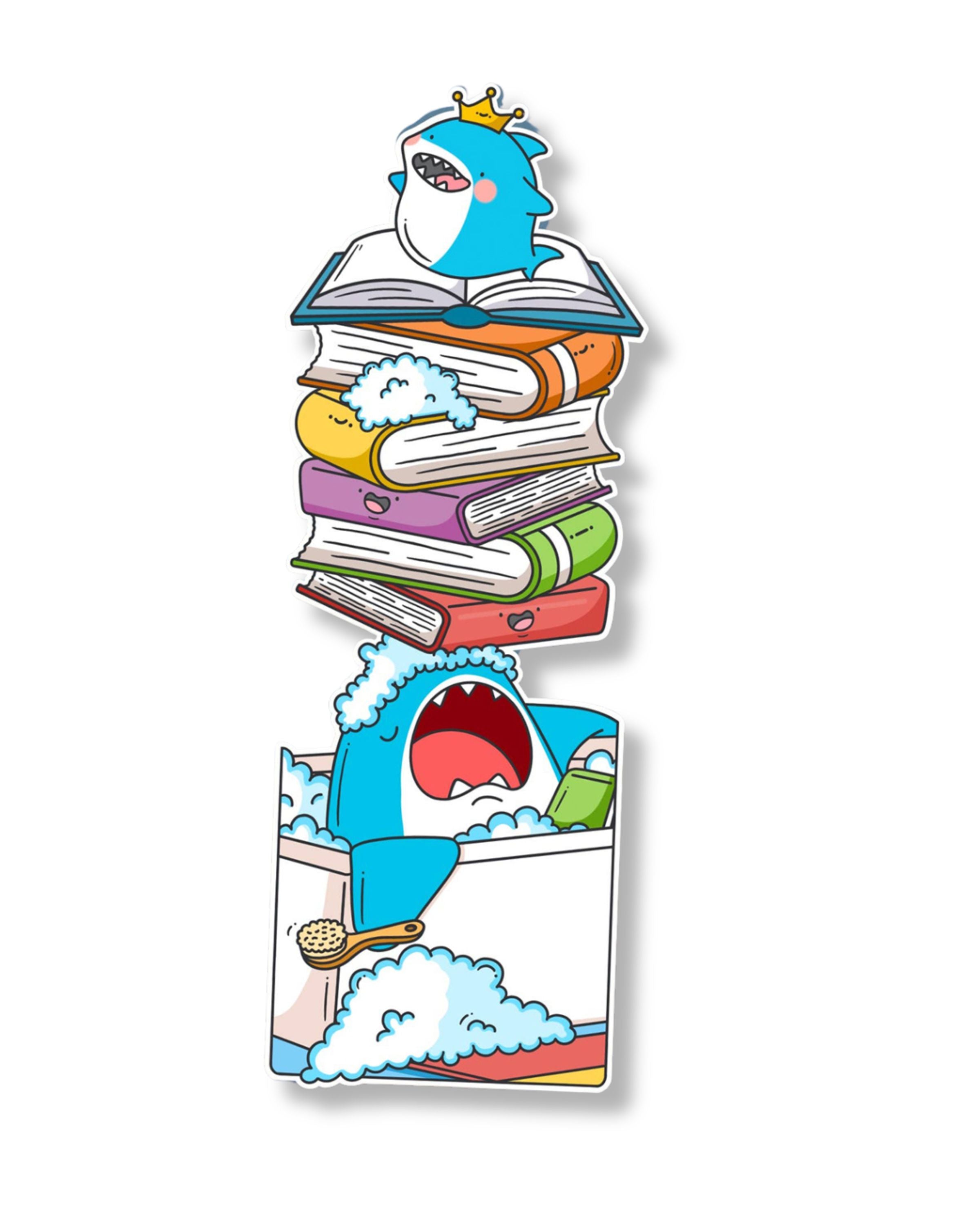 Rebel Romance shark bookmark by Toastedink, featuring a blue shark king in a bubble bath with books on its nose. Displayed on a bright blue background with ribbon detail in the corner.