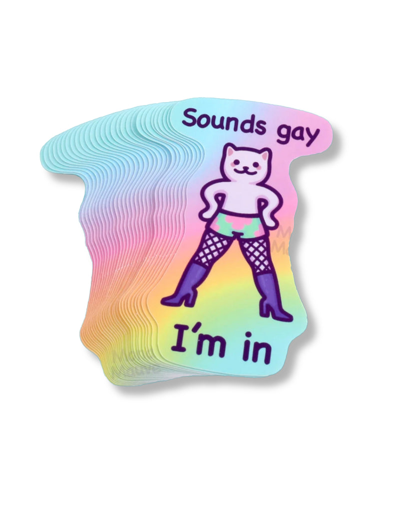 Gradient sticker with a cat-themed design and text on a white background