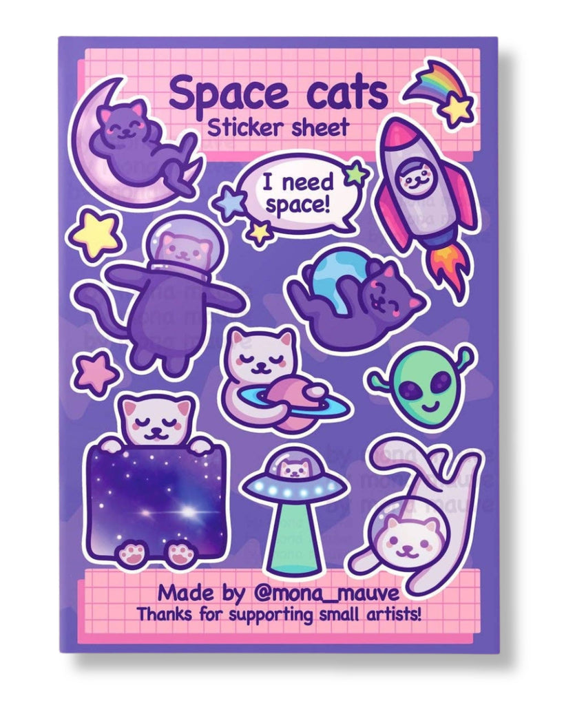 Space Cats sticker sheet with 13 cute waterproof vinyl stickers featuring cosmic cats in astronaut helmets, rockets, UFOs, and galaxies. Includes playful phrases like “I need space” and adorable alien and planet elements. Designed by Mona Mauve and sold by Rebel Romance, a small UK business that celebrates queer joy, creativity, and alternative art.
