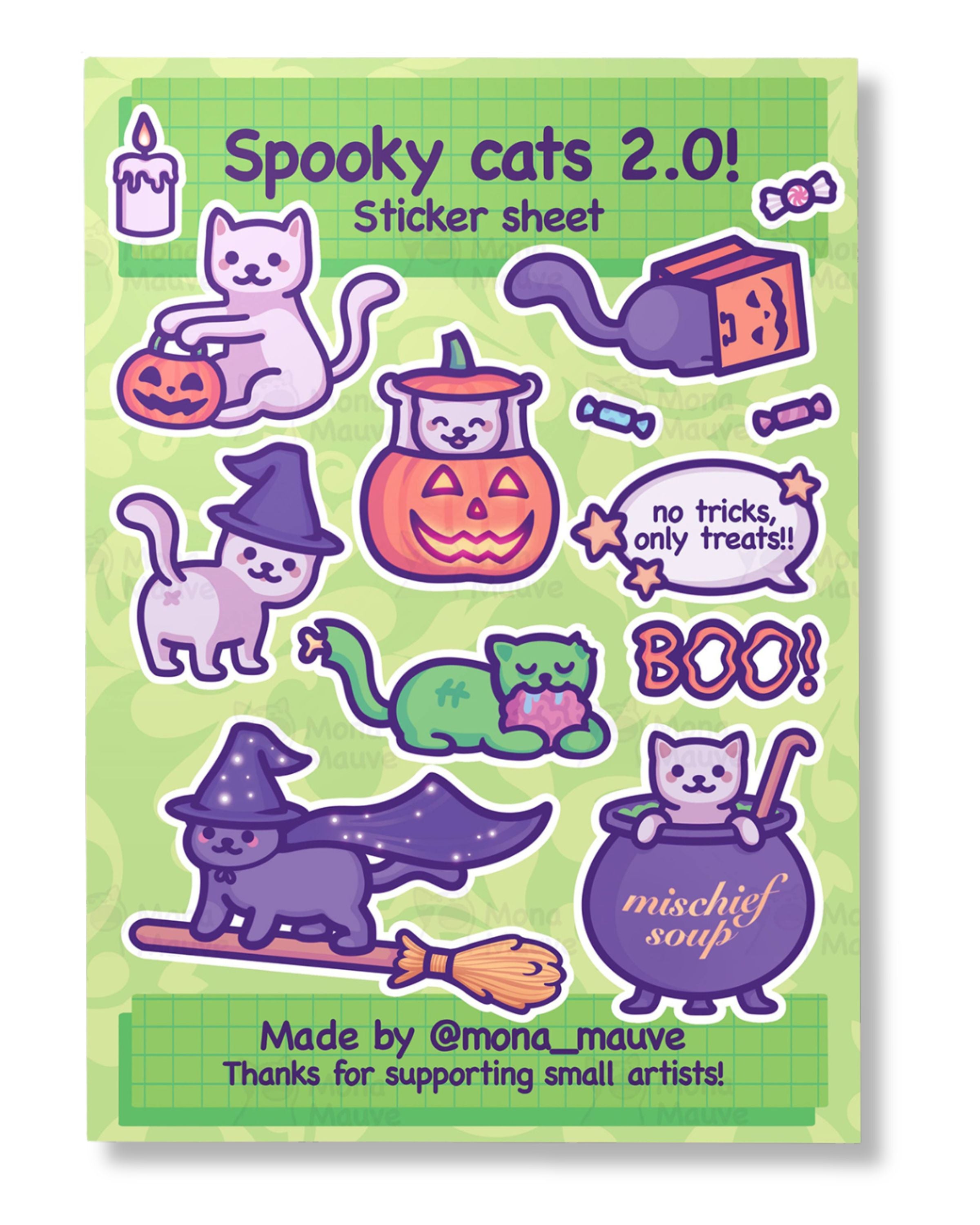 Halloween-themed sticker sheet with cats and pumpkins on a green background