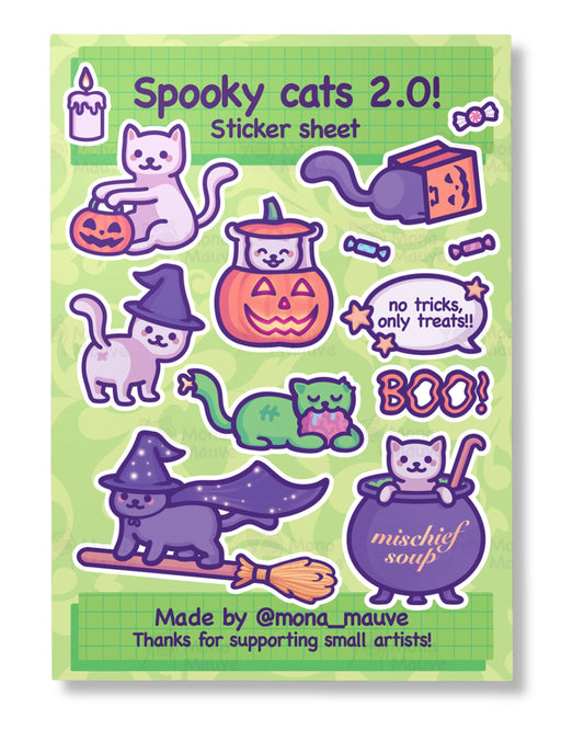 Halloween-themed sticker sheet with cats and pumpkins on a green background