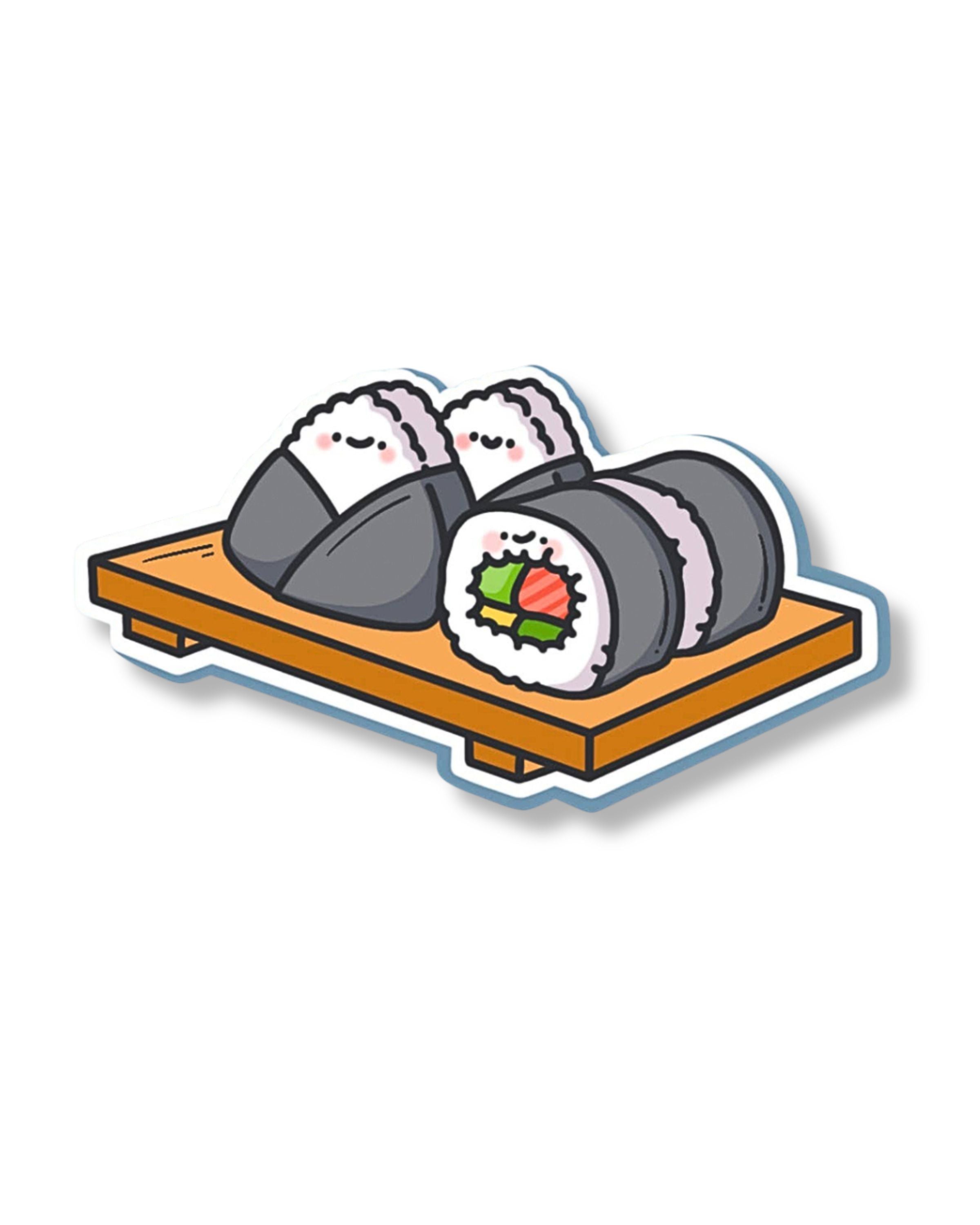 Cartoon sushi rolls on a wooden board with a white background