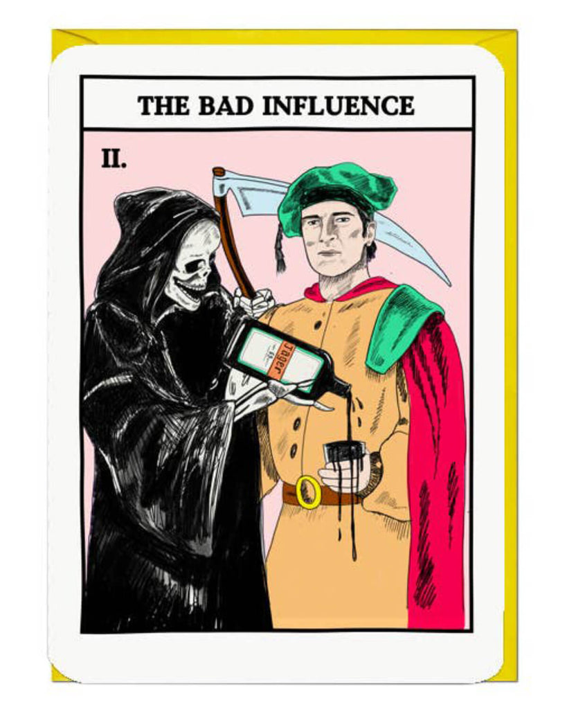 Explore the darker side of fun with The Bad Influence Tarot Card. Featuring a cheeky tarot-inspired design, this 11.4 x 16.2 cm blank card with a neon yellow envelope is perfect for mischievous moments!