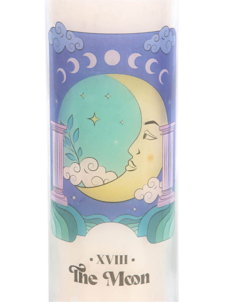 Detailed view of the ‘The Moon’ tarot card illustration with celestial designs and pastel colours.