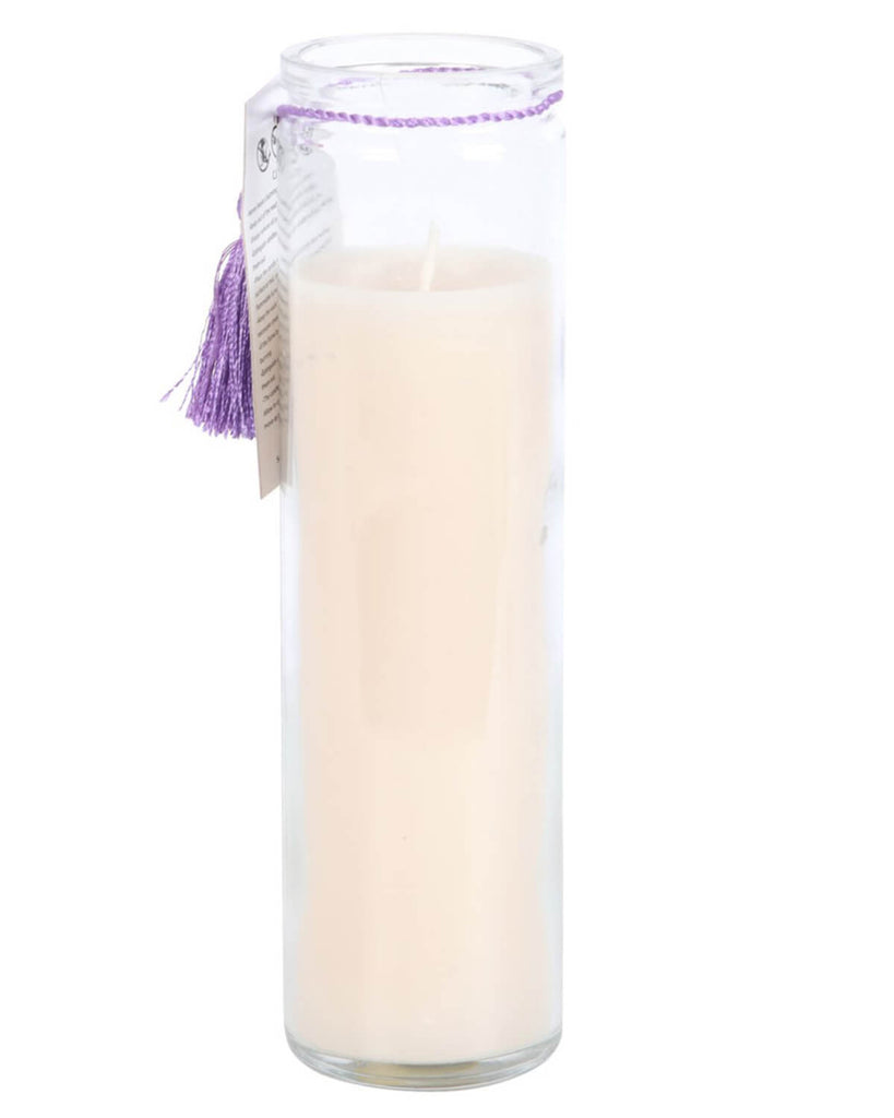 Full view of the unlit candle showcasing its tall glass design with a soft purple wax core.