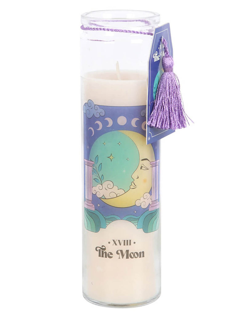 Close-up of The Moon Violet Tube Candle with a soft lilac tassel and tarot card-inspired label.