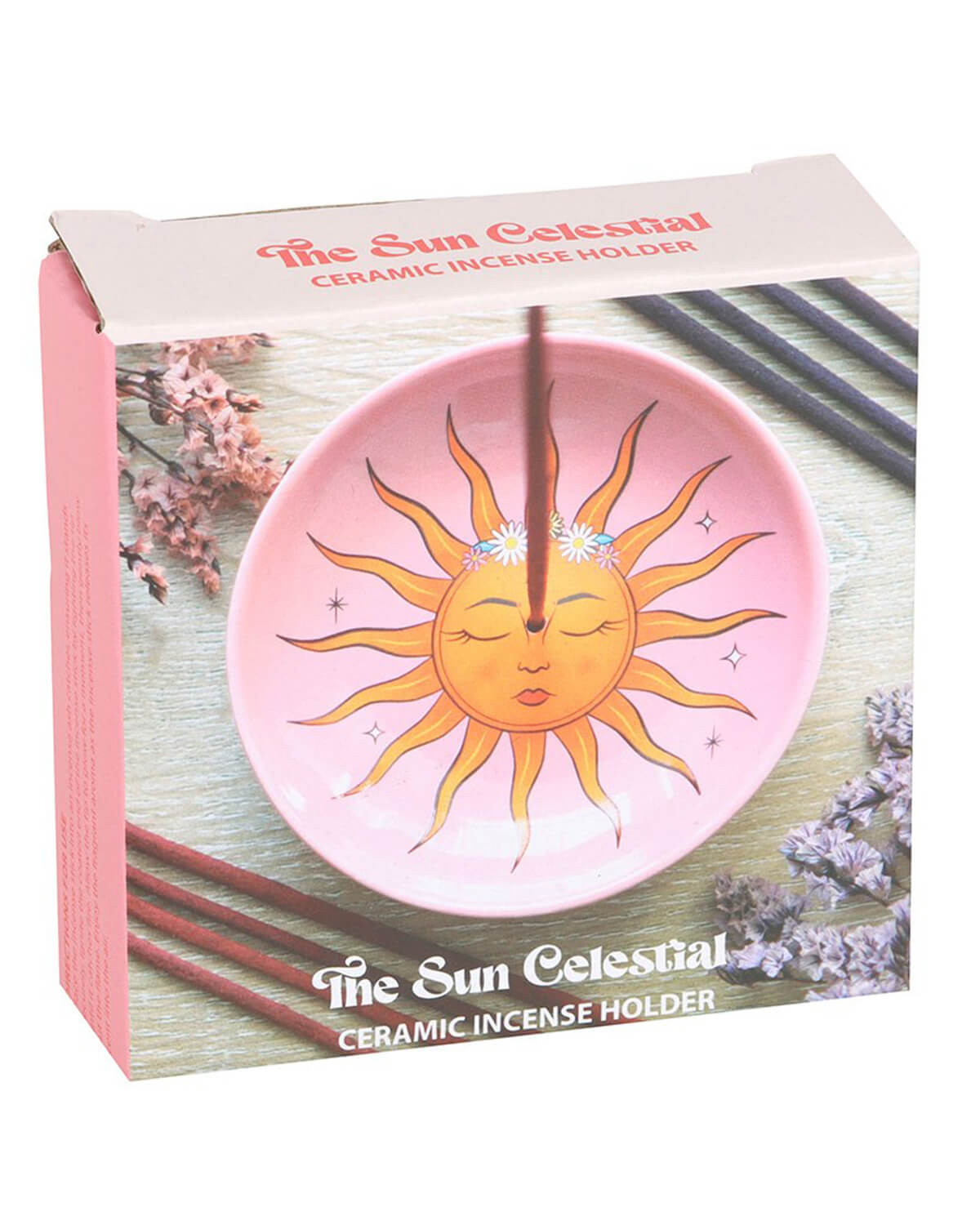 The Sun Celestial Incense Holder featuring a colourful sun design, inspired by The Sun tarot card, on a glossy ceramic dish.