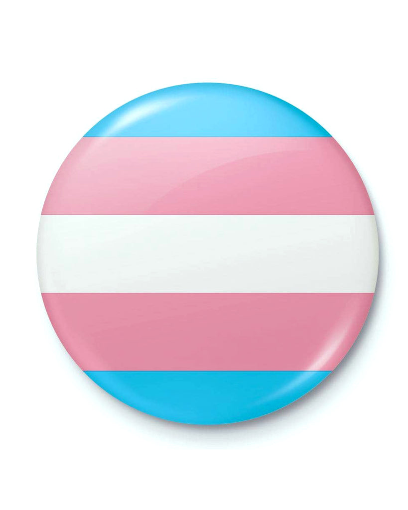 The Rebel Romance Transgender Pride Badge featuring the trans flag with blue, pink, and white horizontal stripes. A powerful pin badge to celebrate and support transgender identity and visibility. Designed by a UK-based small business embracing queer pride, expressive fashion, and inclusive aesthetics for millennials.