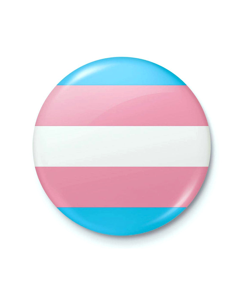 Full view of the Rebel Romance Transgender Pride Badge showcasing the light blue, pink, and white stripes of the trans flag. A bright and affirming accessory made to support the trans community. From a UK indie brand celebrating LGBTQ+ pride, alternative fashion, and creative self-expression.