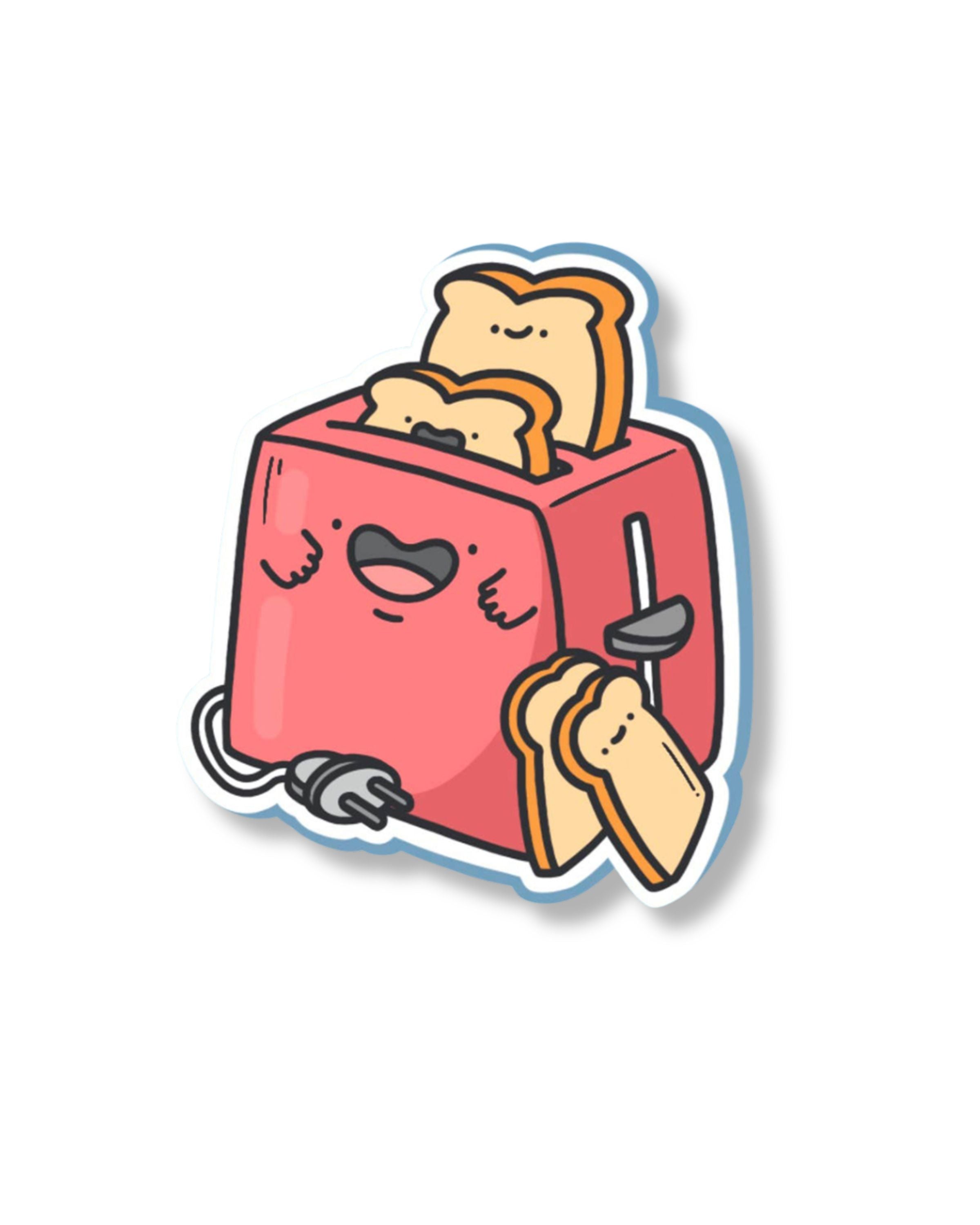 Cartoon toaster with slices of bread on a white background
